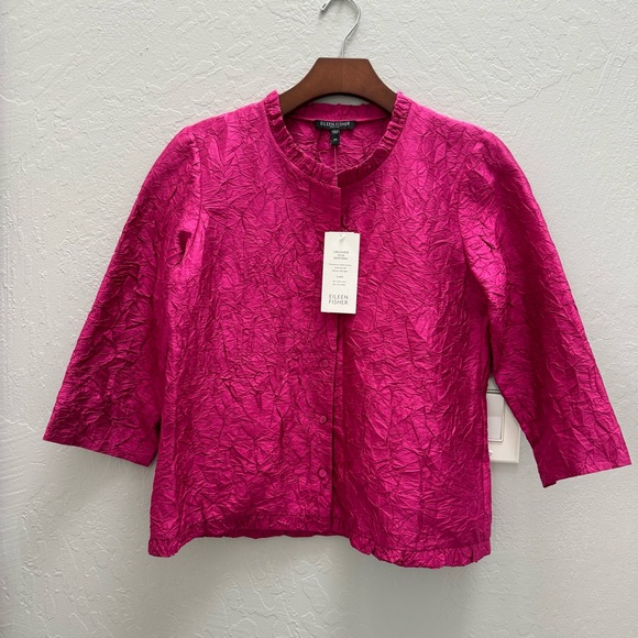 🥳HP!🔥Eileen Fisher Crushed Silk Dupioni Blouse Fuchsia Pink Petite Small - Picture 5 of 14